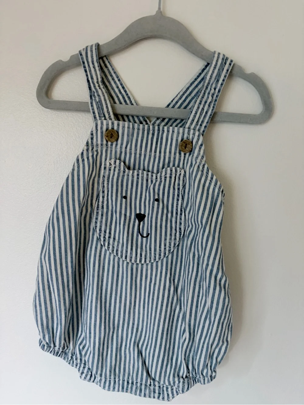 Gap Baby Denim Stripe Bear Pocket Bubble Overalls